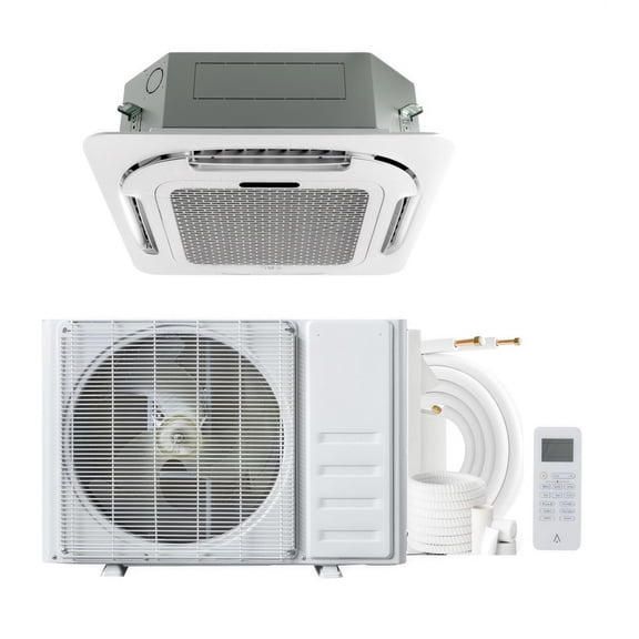 18,000 BTU Ceiling Cassette Mini Split AC, 8-Way 360° Airflow, Remote Control, Ductless Cooling & Heating, 208/230V, Includes 25ft Installation Kit