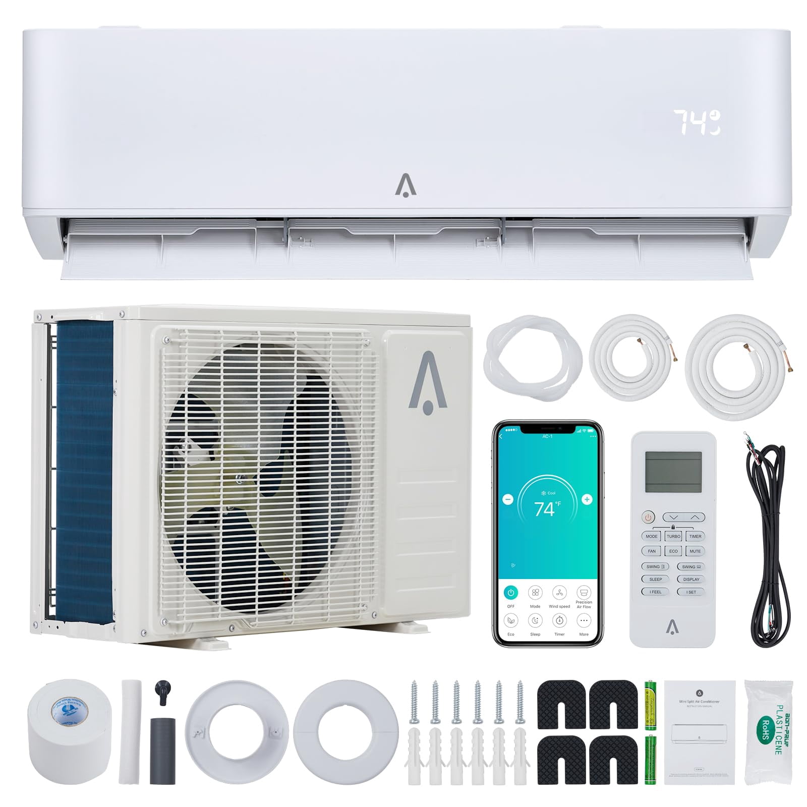 18,000 BTU Split-System Air Conditioner Inverter, Split AC/Heating System 23 SEER, Cools Room Up to 1250 Sq. Ft, Wall Mount Ductless Mini Split A/C Heat Pump Full Set with 16ft Installation Kit