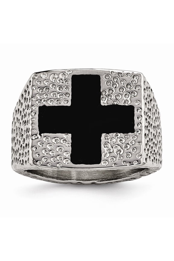 18.08mm Stainless Steel Textured Black Enameled Cross Ring - Size 9