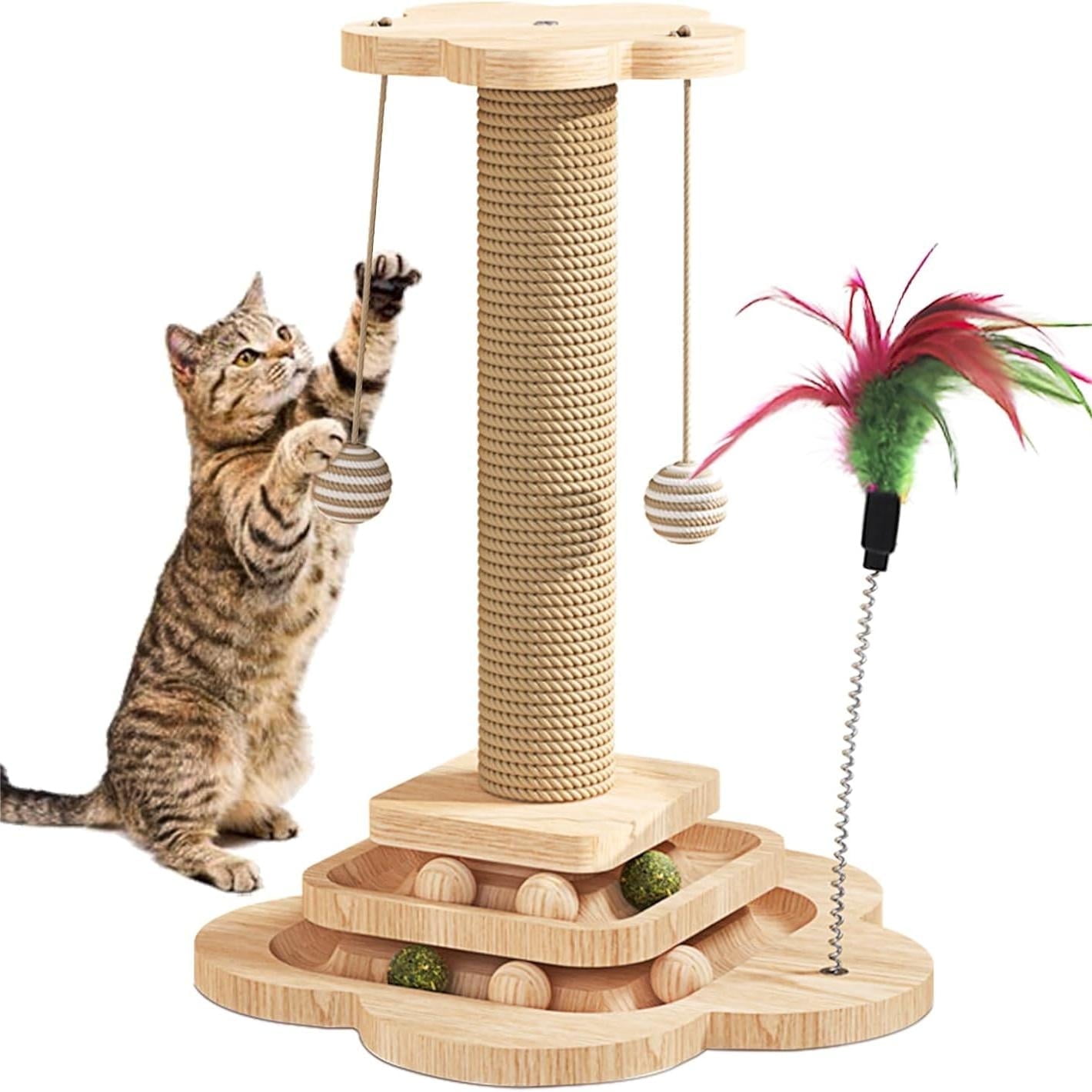 18.1" Scratching Posts for Indoor Cats, Cat Scratching Post wth 3 Tier Base, Tall Cat Scratcher for Cats with Sisal Rope, Balls and Toy for Interactive Play