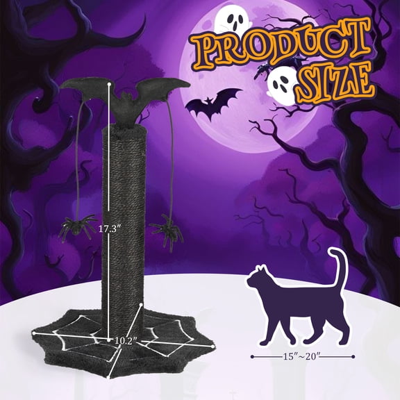 18.1" Gothic Cat Scratching Post, Halloween Cat Scratcher with Bat Topper, Spider Web Base and Hanging Spider Toys, Black