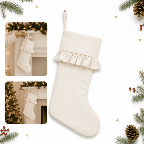 18.1 Inch Large Christmas Stocking with Ruffle Trim, Non-Woven Holiday Gift Stocking with Hanging Loop for Fireplace Mantel, White