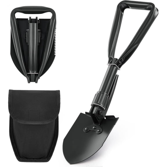 18.1" Military Style Foldable E-Tool, Small Compact Lightweight Survival Shovel, Entrenching Tool for Off Road, Folding Spade Collapsible Shovel for Camping, Hiking, Digging, Gardening, Green