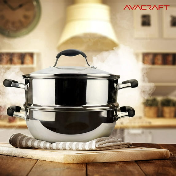 18/10 3 Piece Stainless Steel Steamer Cooking Pot & Pan Set with Glass Lid