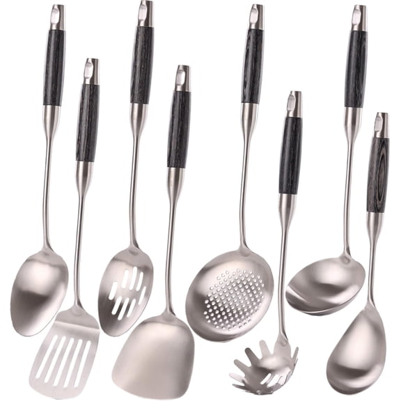 18/10 Stainless  Kitchen Utensils Set with Wooden Handle, 8 count 15" Long Cooking Utensil Set & Kitchen Gadgets Cookware Set, Serving Utensils-Spatula, Turner, Pasta, Serving Spoon, Skimmer, Ladle