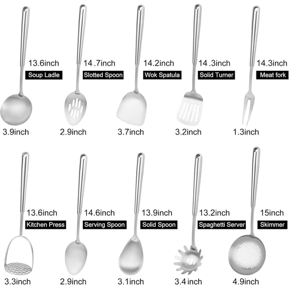 18-10 Stainless Steel Cooking Utensils Set, 10pcs Long Metal Kitchen Tools with Spoon Fork Spatula Ladle Skimmer Turner Pasta Server for Home and Restaurant