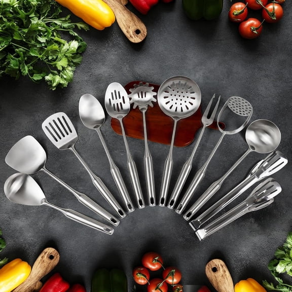 18/10 Stainless Steel Cooking Utensils Set, 12pcs Metal Kitchen Tools for Enthusiasts