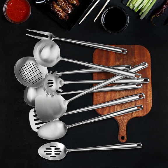 18/10 Stainless Steel Cooking Utensils Set, 9 Pcs Professional All Metal Kitchen Tools with Wok Spatula and Ladle for Everyday Cooking
