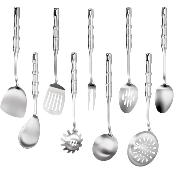 18 10 Stainless Steel Cooking Utensils Set,9pcs Kitchen Utensil Sets Metal 14 inch Long Heavy Duty Kitchen Tools Dishwasher Safe, Include Spatula Soup Ladle, Slotted Skimmer Spoon, Spaghetti