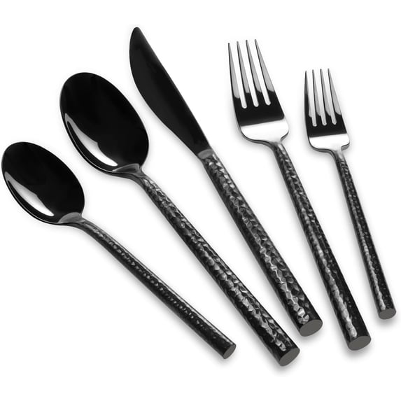 18/10 Stainless Steel Flatware Set Hand Forged Silverware Set Black Cutlery Set Round Hammered Handle Mirror Finished Heavy Duty 20 count Service for 4