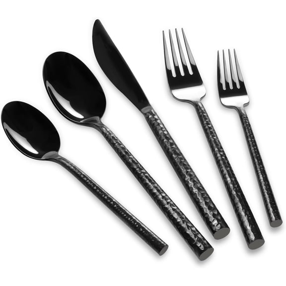 18/10 Stainless Steel Flatware Set Hand Forged Silverware Set Black Cutlery Set Round Hammered Handle Mirror Finished Heavy Duty 20 count Service for 4
