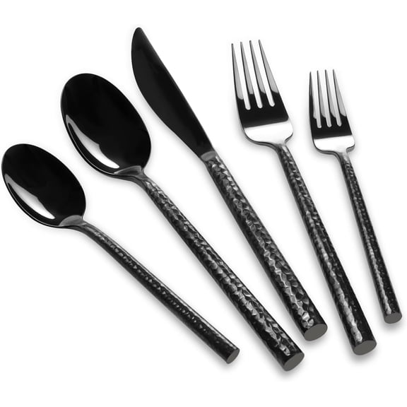 18/10 Stainless Steel Flatware Set Round Hammered Mirror Black Handle 20-Piece Service for 4