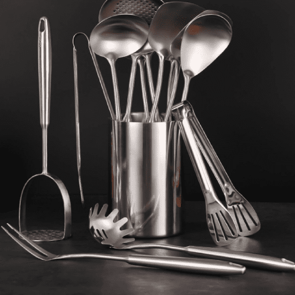 18/10 Stainless Steel Kitchen Utensils Set - 12 PCS All Metal Cooking Tools & 15 Serving Utensils - Potato Masher, Meat Fork, Tongs