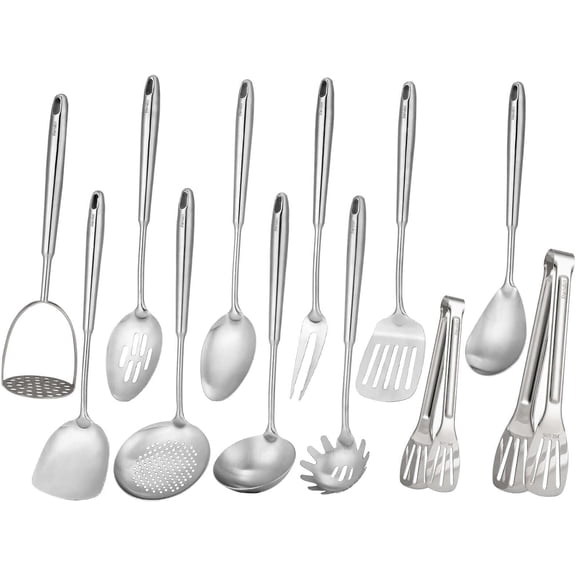 18/10 Stainless Steel Kitchen Utensils Set 12 Pieces All Metal Cooking Tools 15 Inch Serving Utensils