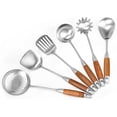 thumbnail image 1 of 18/10 Stainless Steel Kitchen Utensils Set 6 Pcs Metal Cooking Utensil with Wood Handle, 15.5” Long Spatula, Soup spoon, Leaking shovel, Spaghetti Spoon Kitchen Tools Set (Wood handle - 6 Piece), 1 of 8