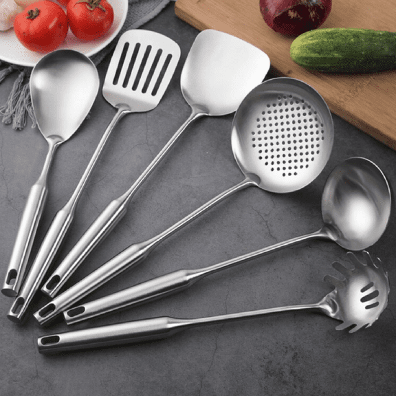 18/10 Stainless Steel Kitchen Utensils Set, 6 Pcs Professional All Metal Cooking Utensils Set 12-15 Inch, Wok Spatula, Ladle, Skimmer, Slotted Spatula Turner, Spaghetti Spoon, Large Spoon