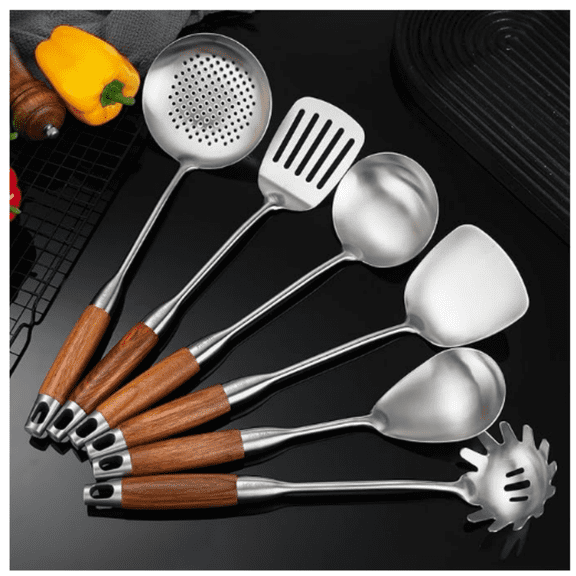 18/10 Stainless Steel Kitchen Utensils Set with Wooden Handle, 6 PCS Professional Cooking Utensils Set 15, Wok Spatula, Ladle, Skimmer, Slotted Spatula Turner, Spaghetti Spoon, Large Spoon