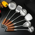 thumbnail image 1 of 18/10 Stainless Steel Kitchen Utensils Set with Wooden Handle, 6 PCS Professional Cooking Utensils Set 15”, Wok Spatula, Ladle, Skimmer, Slotted Spatula Turner, Spaghetti Spoon, Large Spoon, 1 of 8