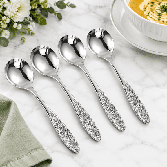 18/10 Stainless Steel Sunflower Pattern Soup Spoons, Set of 4