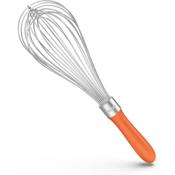 U-Taste Balloon Whisk for Cooking: 18/10 Stainless Steel Kitchen Wire Whisk, 12in Large Heavy Duty Egg Beater, Manual Mixing Tool with 12 High Flex Wires for Stirring, Blending Sauce (Large, Orange)