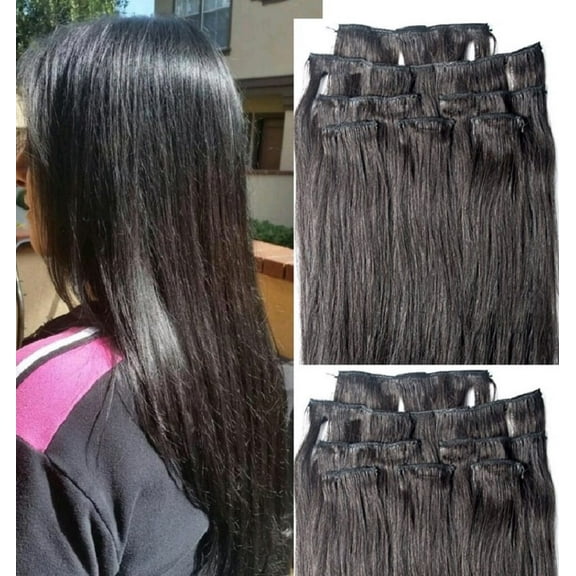 18″ 100% Clip in Human Hair Extensions 7Pcs,14 clips #1B Off Black