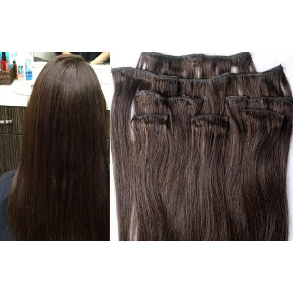 18″ 100% Clip in Human Hair Extensions 7Pcs,14 clips #2 Darkest Brown