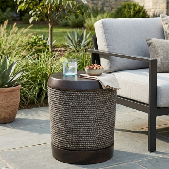18.11" H Concrete Side Tables with Simulated Braided Rope Finish,Indoor Retro Cylindrical,Suitable for Patio,Balcony,Living Room,Garden,Dark Brown