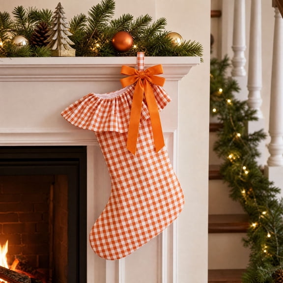 18.11 Inch Farmhouse Gingham Christmas Stocking, Ruffled Cuff Plaid Xmas Stocking with Velvet Bow, Large Hanging Fireplace Stocking for Holiday Decor & Gift Storage