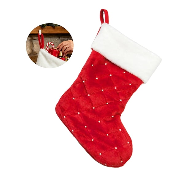 18.11 Inch Red Quilted Plush Christmas Stocking With Rhinestone White Faux Fur Cuff Large Fireplace Hanging Stocking