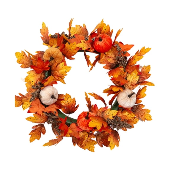 18.11 inch Fall Wreaths for Front Door Outside,Autumn Wreath for Home Decoration,Fall Door Wreaths with Pumpkins Berries Maple Leaves for Thanksgiving Halloween Decorations Home Fall Decor,Z0-Orange