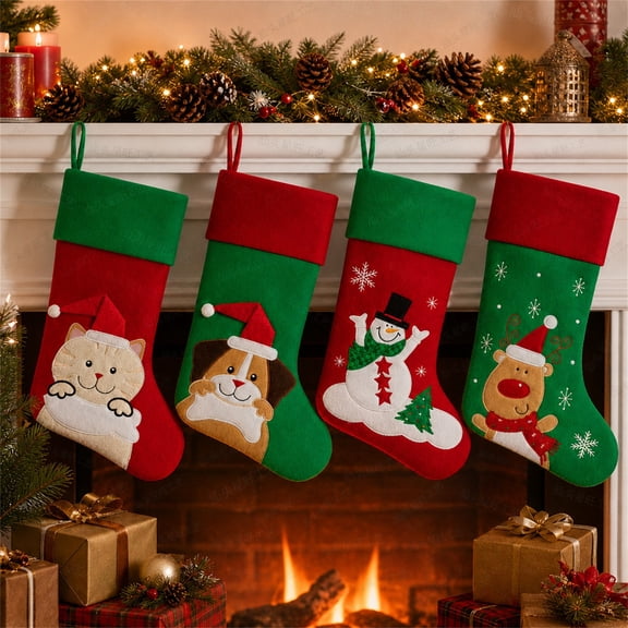 18.11In Felt Christmas Stocking with Animal Applique Hanging Christmas Gift Bag for Mantel Indoor Christmas Decor