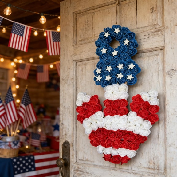 18.11Inch Patriotic Number 8 Independence Day Wreath - Red White and Blue Fabric Flower Door Hanging - Fourth of July Party Decor
