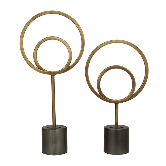 18", 14"H Gold Metal Circle Geometric Sculpture with Black Base, by DecMode (2 Count)