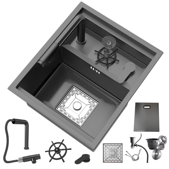 18″×15″ Hidden Bar Sink,Stainless Steel Kitchen Sink, Small Single Bowl,Topmount RV with Lid ,Cup Washer,Up and down Pull-out Faucet Undermount Space-Saving