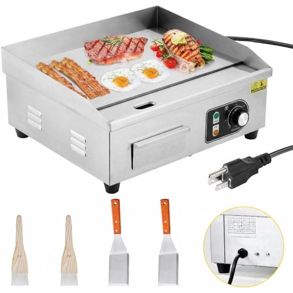 18" 1500W Stainless Steel Electric Griddle, Commercial Countertop Flat Top Grill with Adjustable 122572f Thermostat, Includes 2 Spatulas & Cleaning Brushes, Plug-in Grill for Indoor/Outdoor Cooking