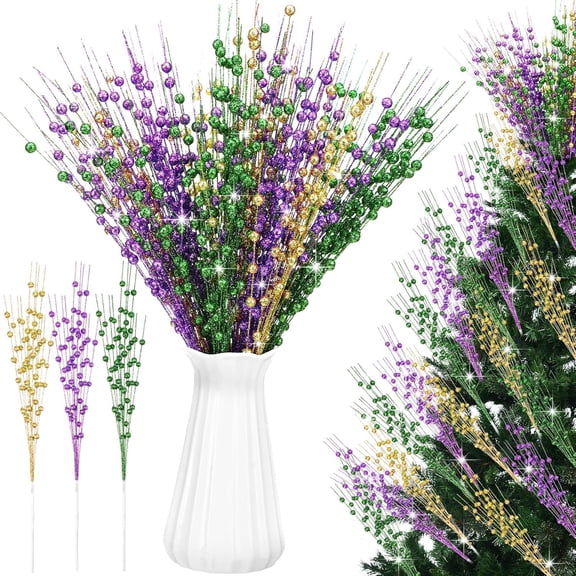 18 Pcs Mardi Gras Decoration Carnaval Picks Ornaments Mardi Gras Tree Decorations Carnaval Purple Green and Gold Berry Stems 17 Inch Artificial Glitter Berry Stem Decor