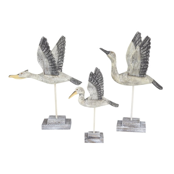 18", 18", 13"H Gray Wood Handmade Bird Sculpture, by DecMode (3 Count)