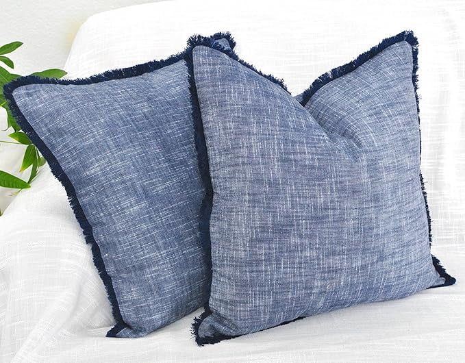 18×18 Blue Organic Cotton Throw Pillow Covers With Decorative Fringe Boho Farmhouse Cushion Cover with Tassels Linen Like Textured Accent Pillowcases for Bed Couch Chair Sofa Living Room, Set of 2