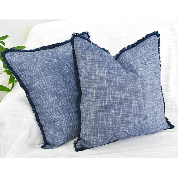 18×18 Blue Organic Cotton Throw Pillow Covers With Decorative Fringe Boho Farmhouse Cushion Cover with Tassels Linen Like Textured Accent Pillowcases for Bed Couch Chair Sofa Living Room, Set of 2