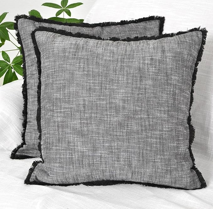 18×18 Grey Organic Cotton Throw Pillow Covers With Decorative Fringe Boho Farmhouse Cushion Cover with Tassels Linen Like Textured Accent Pillowcases for Bed Couch Chair Sofa Living Room, Set of 2