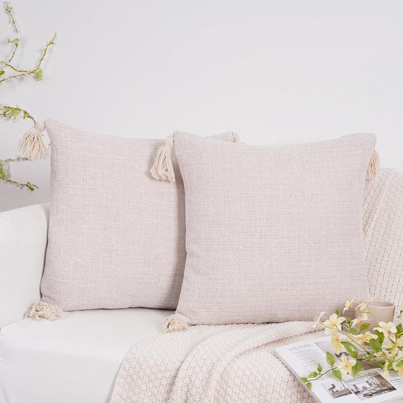 1818 Inch Decorative Natural Cotton Linen Throw Pillow Covers Boho Farmhouse Pillow Cover with Tassels Pack of 2, Accent Outdoor Pillowcase Sofa Cushion Livingroom Home Decor, White