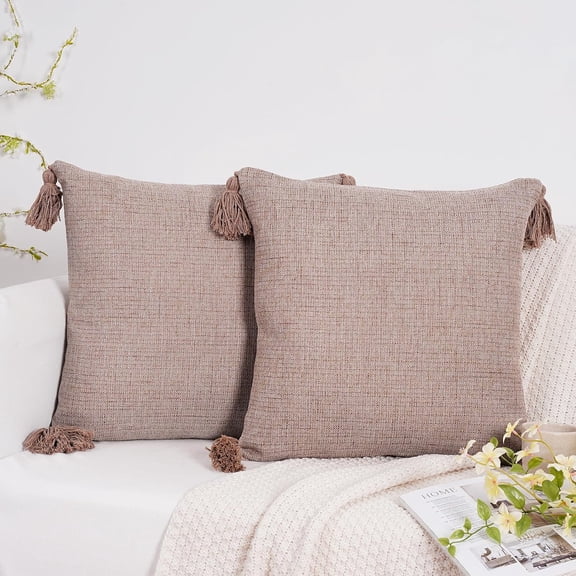 1818 Inch Decorative Natural Cotton Linen Throw Pillow Covers Boho Farmhouse Pillow Cover with Tassels Pack of 2, Accent Outdoor Pillowcase Sofa Cushion Livingroom Home Decor, Khaki