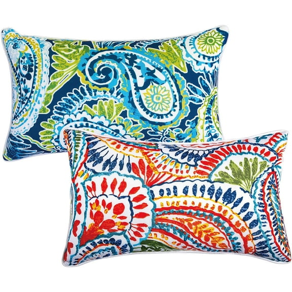 18×18 Inch Outdoor Lumbar Pillows Pack of 2 Colors Waterproof Throw Pillows with Insert Rectangular Decorative Garden Cushion for Home Furniture Patio Coach Sofa