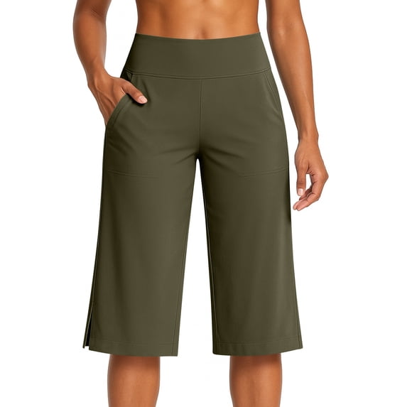 18" 19" Bermuda Yoga Pants for Women Knee Length High Waist with Pockets Capris Workout Yoga Pants Loose Straight Leg Army Green M