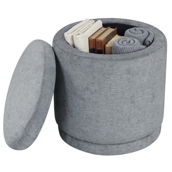 18"19" Grey Round Chenille Storage Ottoman with Removable Lid, Acacia Wood Frame Hidden Storage Foot Stool, 400 LBS Capacity Multi-Purpose Vanity Stool Entryway Ottoman