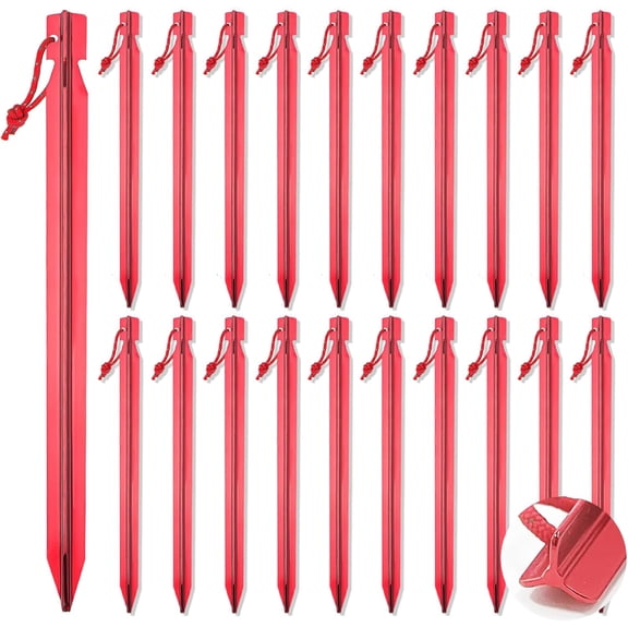 18+2 Pack Tent Stakes, 7.1" Aluminum Ground Pegs, Heavy Duty Y-Beam Tent Spikes with Reflective Pull Cords, Lightweight Metal Stakes for Camping, Hiking, Beach, Tarps (Red)