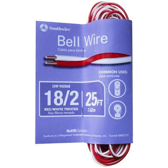 18/2 Red/White Bell Wire - Reliable Door Bell Accessory - Flexible Stranded Copper Wire - UV Resistant Wire for Indoor & Outdoor Low Volta Use - 25'