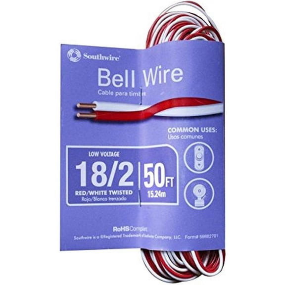 18/2 Red/White Bell Wire - Reliable Door Bell Accessory - Flexible Stranded Copper Wire - UV Resistant Wire for Indoor & Outdoor Low Volta Use - 50'