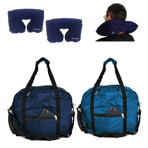 18" 2-pc-set Personal Item Underseat Duffel bag w Pillow for Spirit, Frontier, AA, South West Airlines (Navy & Royal Blue)