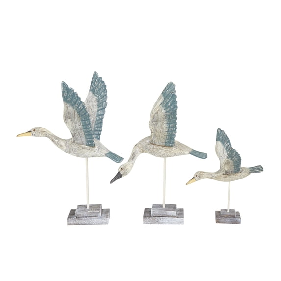 18", 20", 12"H White Wood Handmade Bird Sculpture, by DecMode (3 Count)